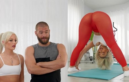 Подавленная сексуальностью тренерши по фитнесу, девушка оставляет своего парня ей на перекус.